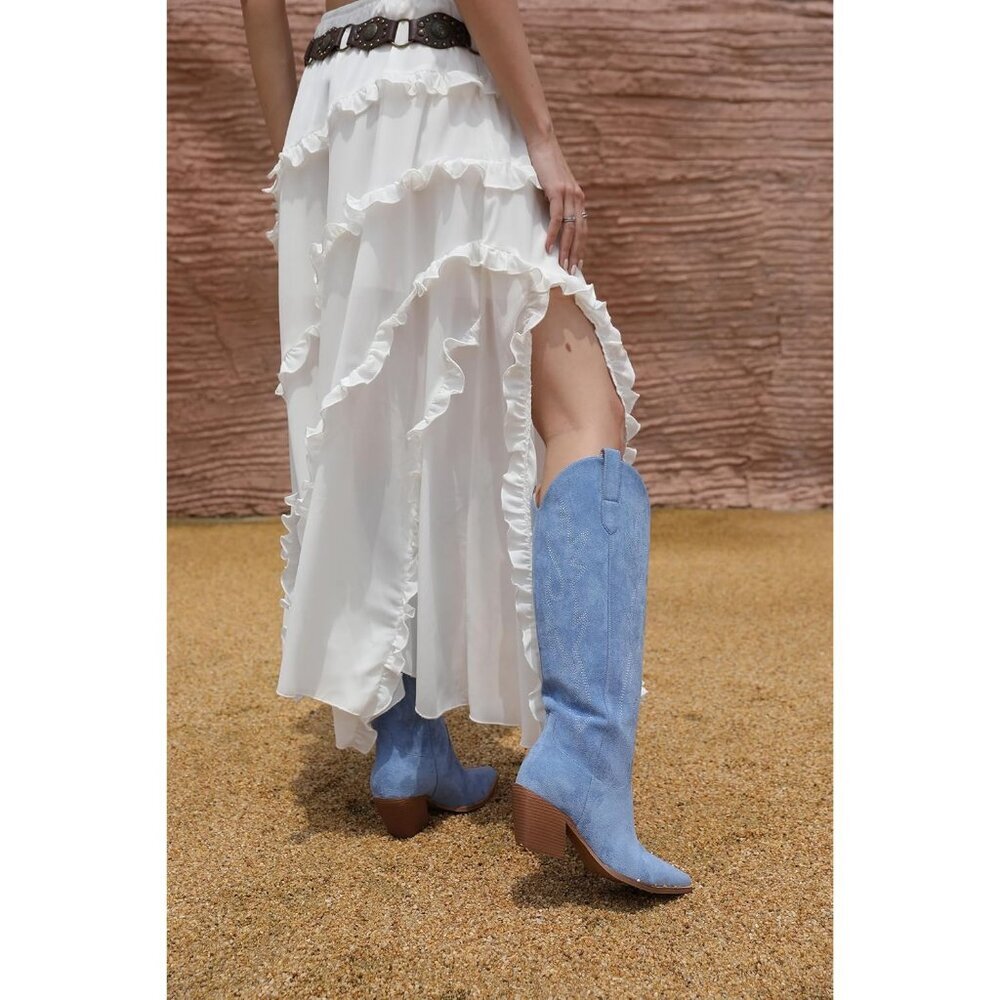 ⚡Women's Blue Knee High Pointed Toe And Block Heel Suede And Faux Leather Boots - Picture 5 of 9